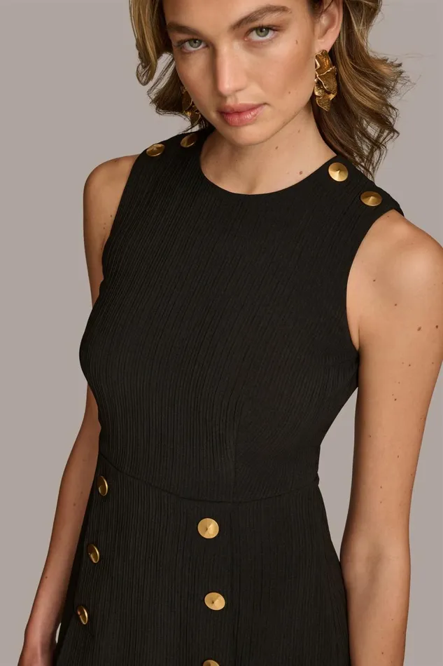 Women Donna Karan Dresses And Jumpsuits RIBBED DRESS WITH BUTTONS Black