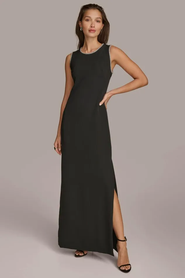Women Donna Karan Dresses And Jumpsuits SCUBA GOWN WITH HOT FIX TRIM Black