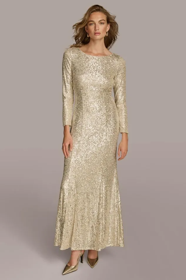 Women Donna Karan Dresses And Jumpsuits SEQUIN BOAT NECK GOWN Canvassilver