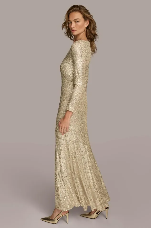 Women Donna Karan Dresses And Jumpsuits SEQUIN BOAT NECK GOWN Canvassilver