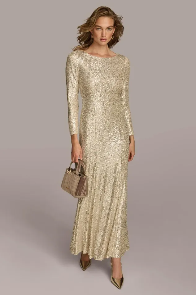 Women Donna Karan Dresses And Jumpsuits SEQUIN BOAT NECK GOWN Canvassilver