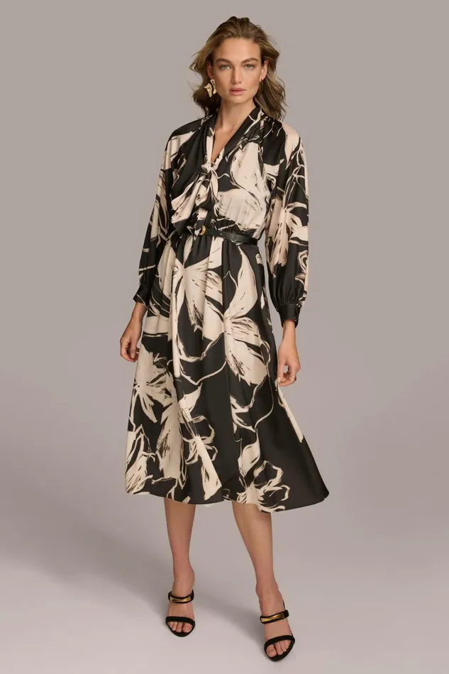 Women Donna Karan Dresses And Jumpsuits TIE NECK PRINTED MAXI DRESS Black