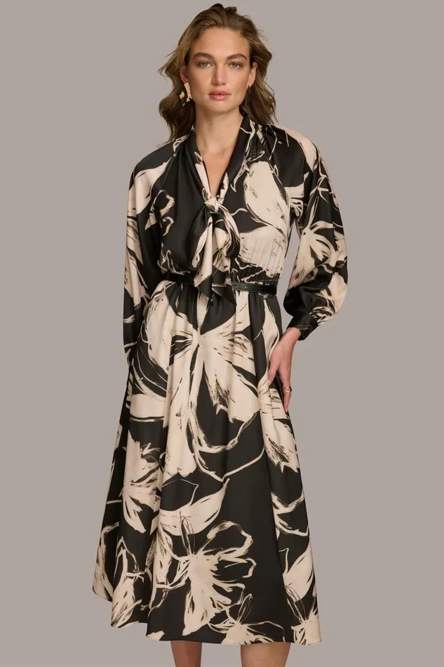 Women Donna Karan Dresses And Jumpsuits TIE NECK PRINTED MAXI DRESS Black