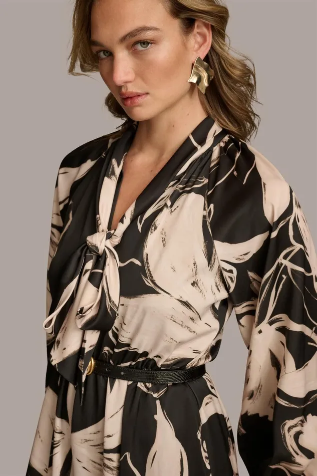 Women Donna Karan Dresses And Jumpsuits TIE NECK PRINTED MAXI DRESS Black