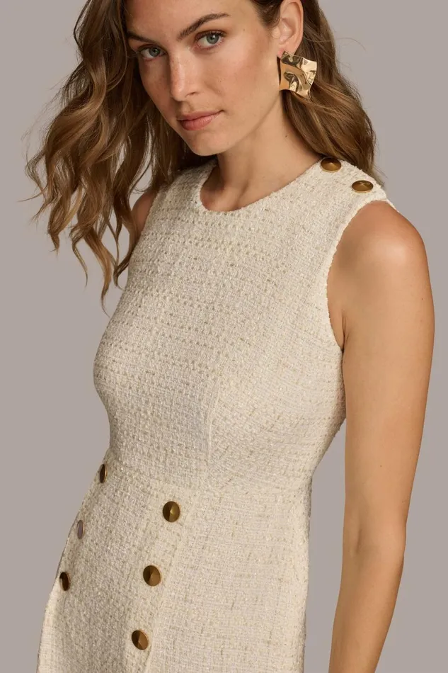Women Donna Karan Dresses And Jumpsuits TWEED MIDI DRESS WITH BUTTONS Creamgold