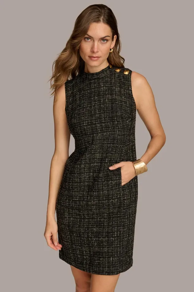 Women Donna Karan Dresses And Jumpsuits TWEED MOCK NECK SHIFT DRESS Blackcream