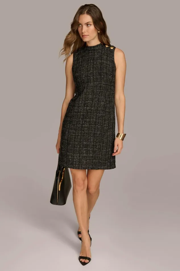 Women Donna Karan Dresses And Jumpsuits TWEED MOCK NECK SHIFT DRESS Blackcream