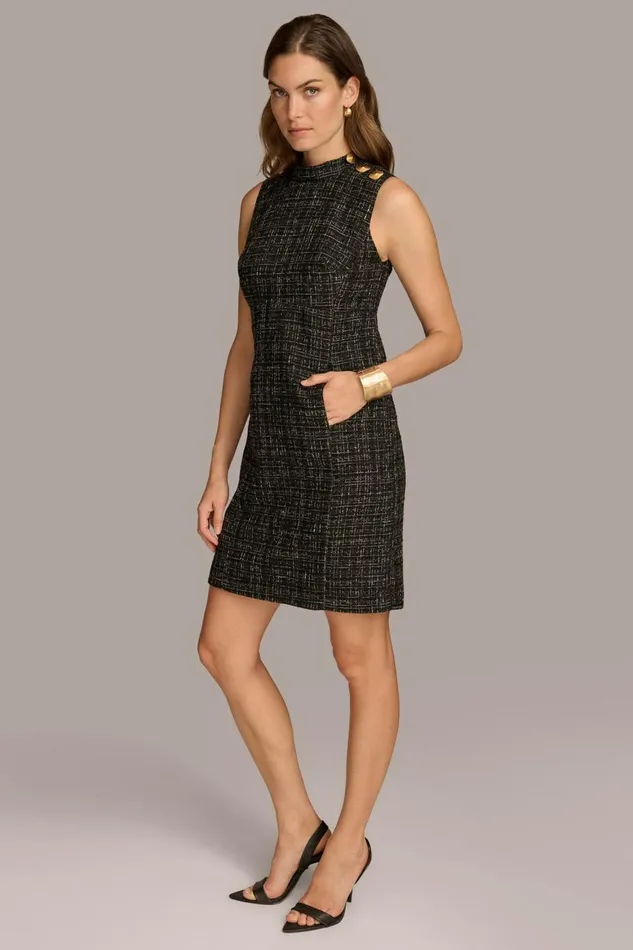 Women Donna Karan Dresses And Jumpsuits TWEED MOCK NECK SHIFT DRESS Blackcream