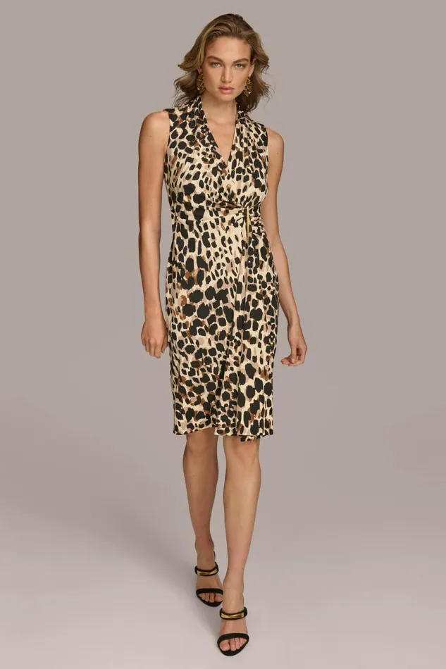 Women Donna Karan Dresses And Jumpsuits VNECK LEOPARD MIDI DRESS Black Multi
