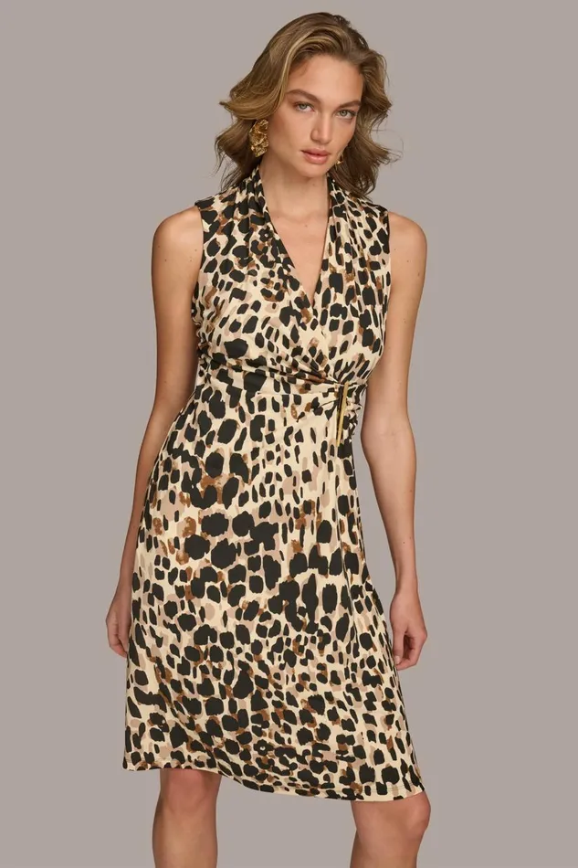 Women Donna Karan Dresses And Jumpsuits VNECK LEOPARD MIDI DRESS Black Multi