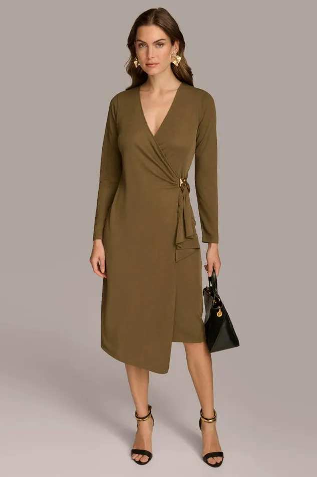 Women Donna Karan Dresses And Jumpsuits V NECK WRAP DRESS WITH HARDWARE Brown