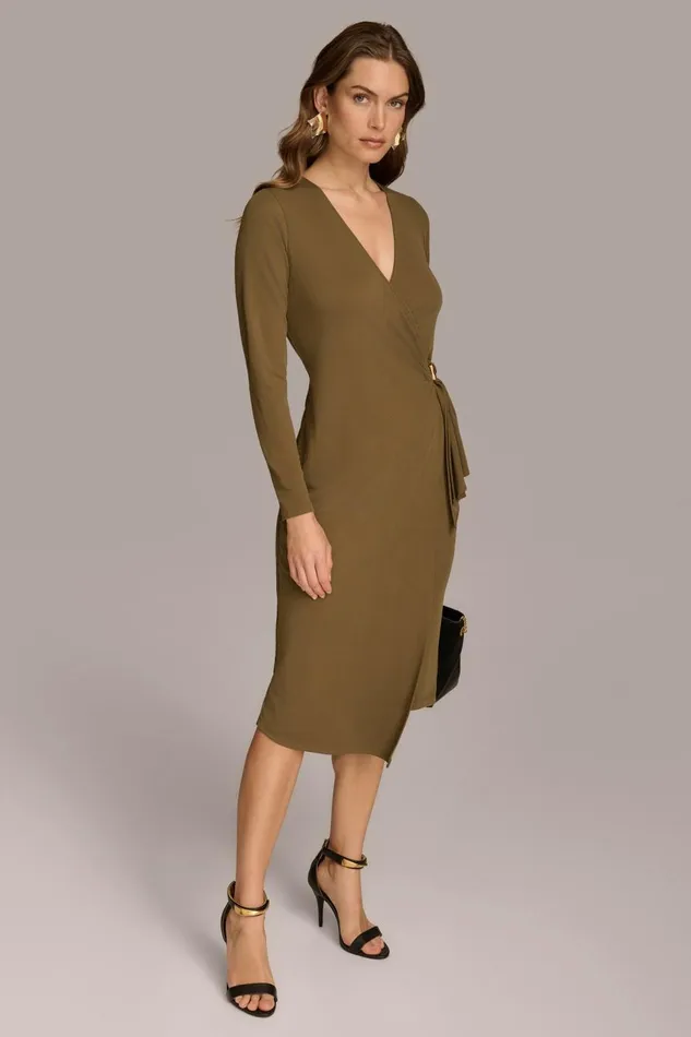 Women Donna Karan Dresses And Jumpsuits V NECK WRAP DRESS WITH HARDWARE Brown