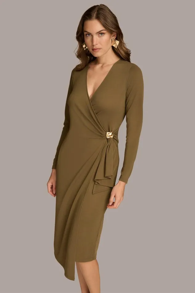 Women Donna Karan Dresses And Jumpsuits V NECK WRAP DRESS WITH HARDWARE Brown