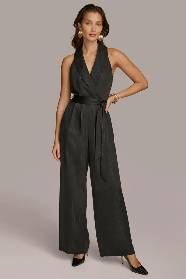 Women Donna Karan Dresses And Jumpsuits VNECK PINSTRIPE JUMPSUIT Black