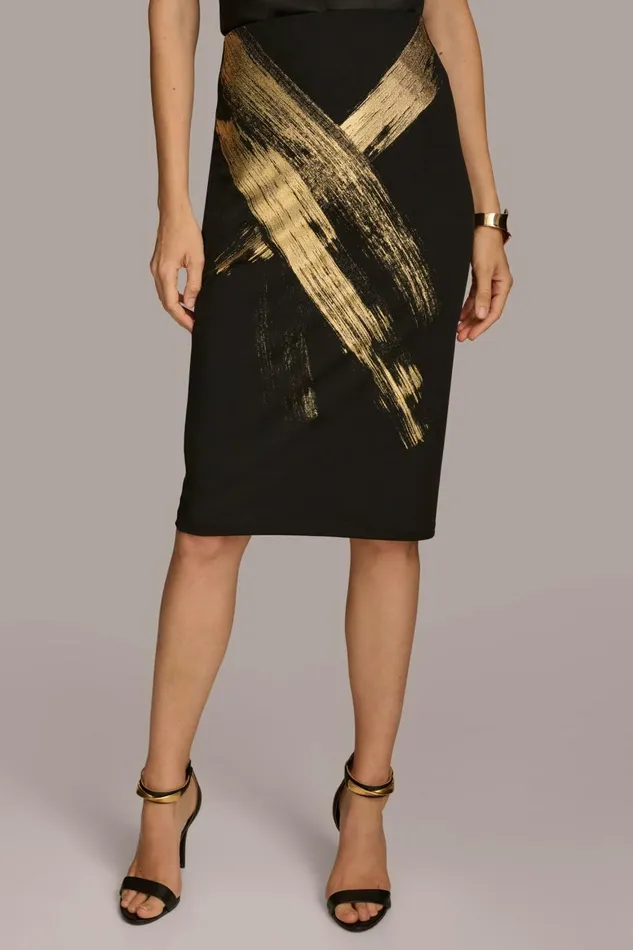 Women Donna Karan Skirts SKIRT WITH GOLD PAINT PRINT Black