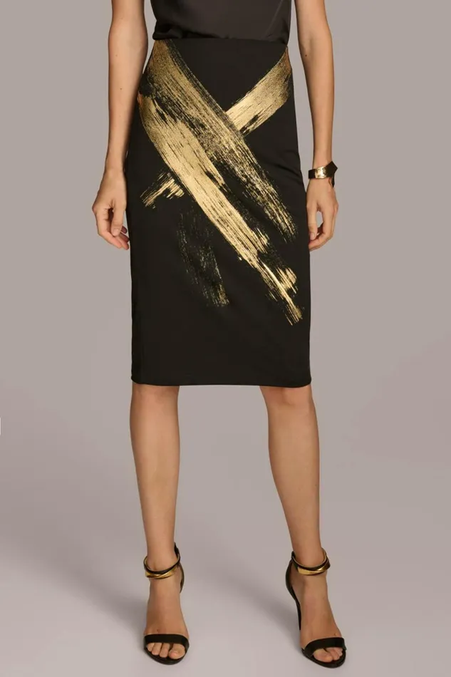 Women Donna Karan Skirts SKIRT WITH GOLD PAINT PRINT Black