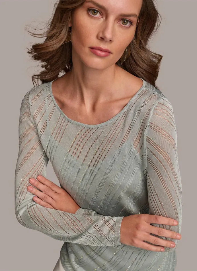 Women Donna Karan Sweaters And Tops ASYMMETRICAL HEM DIAGONAL SHIMMER Blue Frost