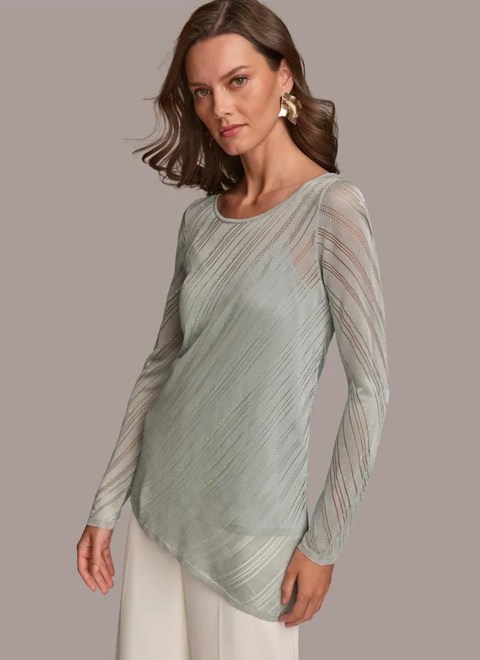 Women Donna Karan Sweaters And Tops ASYMMETRICAL HEM DIAGONAL SHIMMER Blue Frost