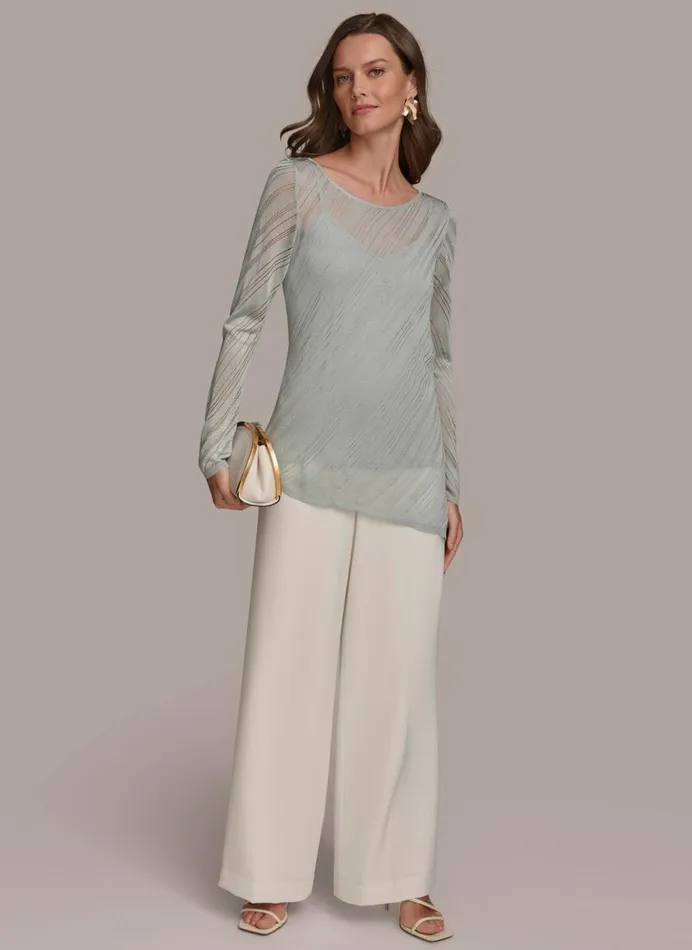 Women Donna Karan Sweaters And Tops ASYMMETRICAL HEM DIAGONAL SHIMMER Blue Frost