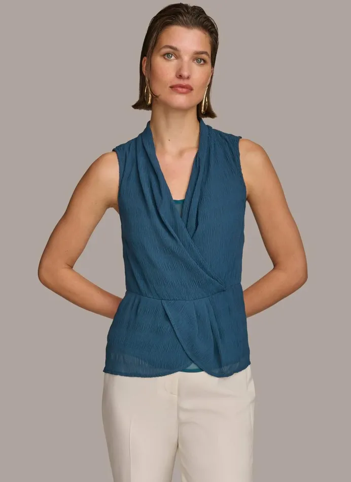 Women Donna Karan Sweaters And Tops FAUX WRAP PEPLUM TOP Tide Navy