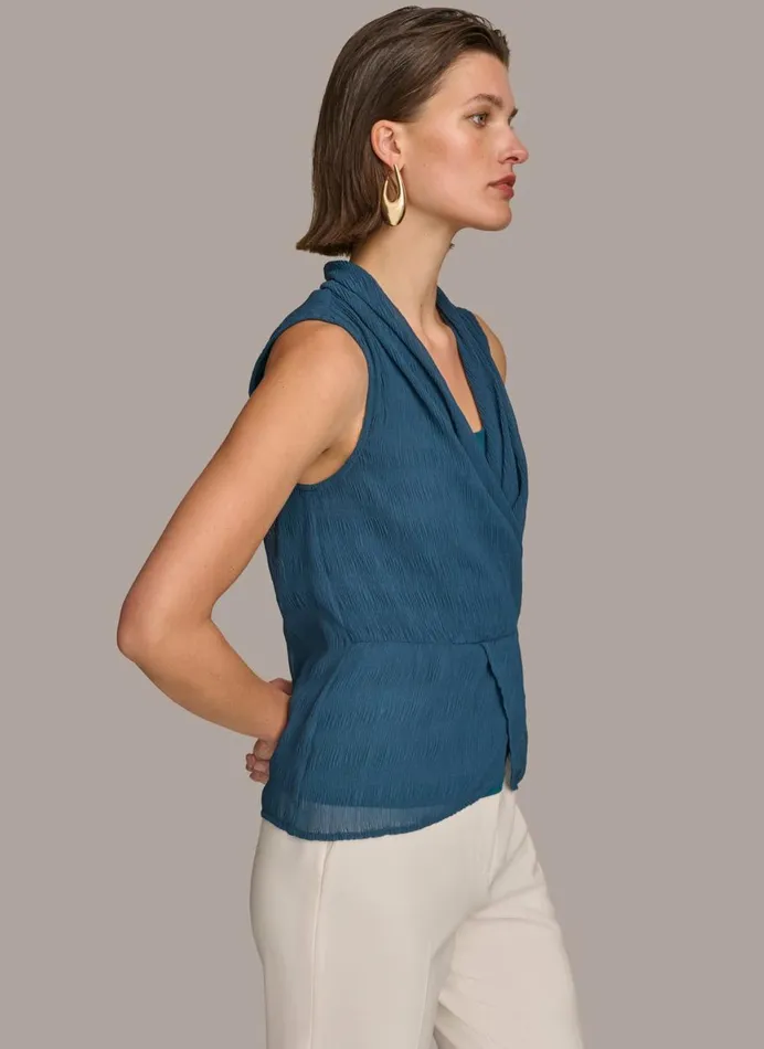Women Donna Karan Sweaters And Tops FAUX WRAP PEPLUM TOP Tide Navy