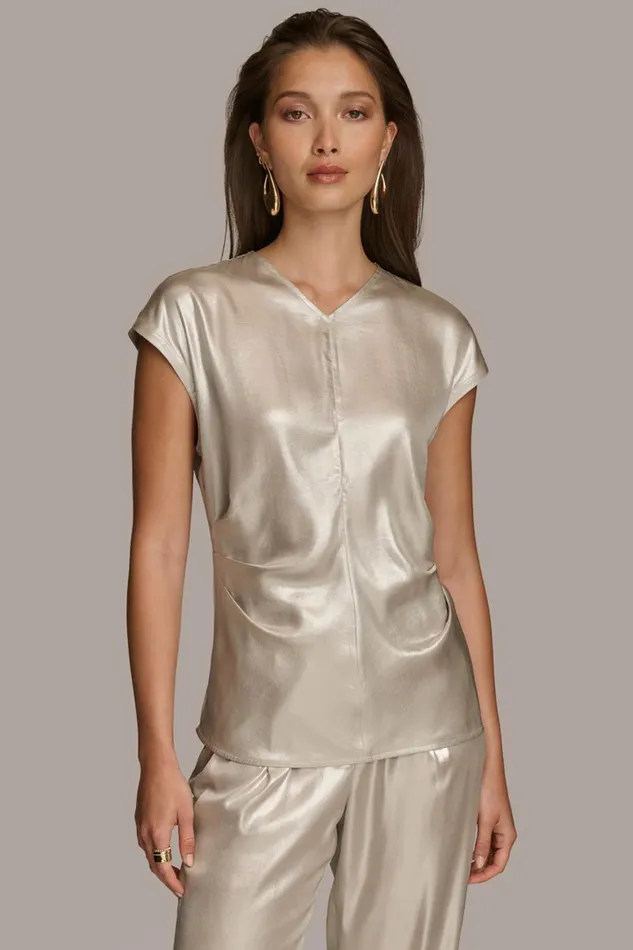 Women Donna Karan Sweaters And Tops FOIL CAP SLEEVE TOP Silver