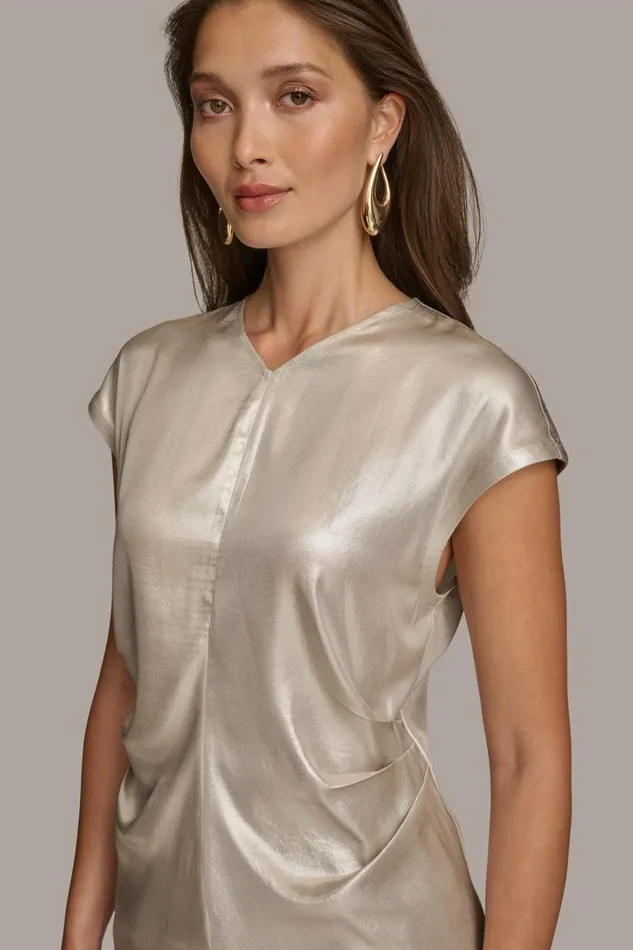 Women Donna Karan Sweaters And Tops FOIL CAP SLEEVE TOP Silver