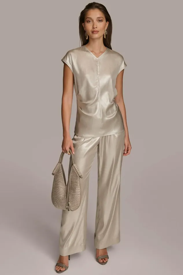Women Donna Karan Sweaters And Tops FOIL CAP SLEEVE TOP Silver