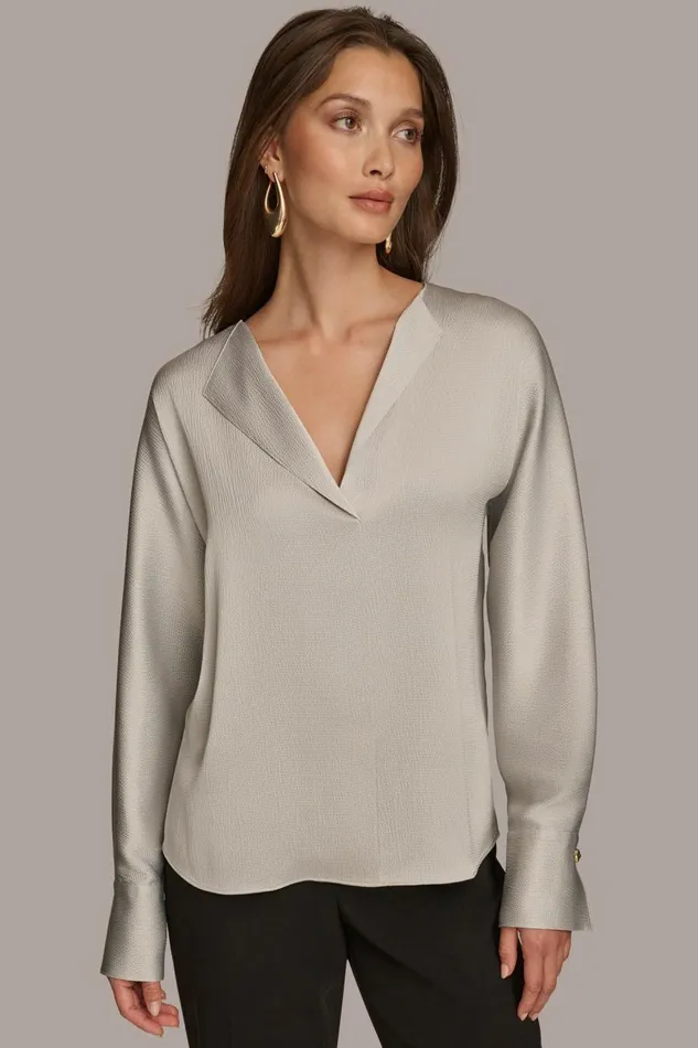 Women Donna Karan Sweaters And Tops HAMMERED SATIN LONG SLEEVE VNECK BLOUSE Pavement Women Donna Karan Sweaters And Tops HAMMERED SATIN LONG SLEEVE VNECK BLOUSE Pavement