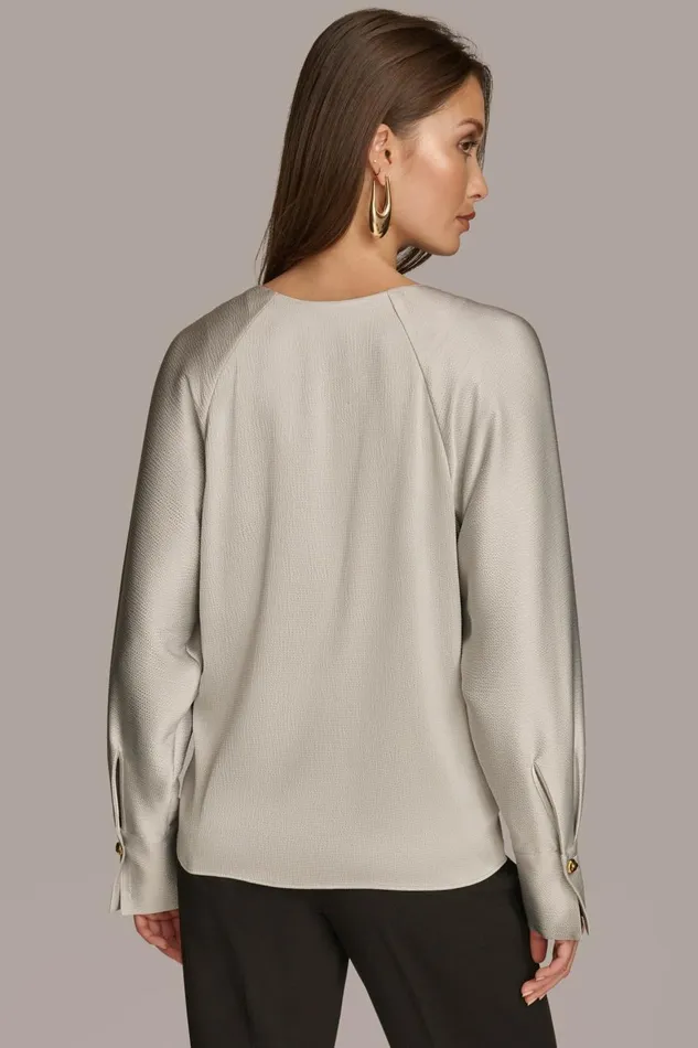 Women Donna Karan Sweaters And Tops HAMMERED SATIN LONG SLEEVE VNECK BLOUSE Pavement