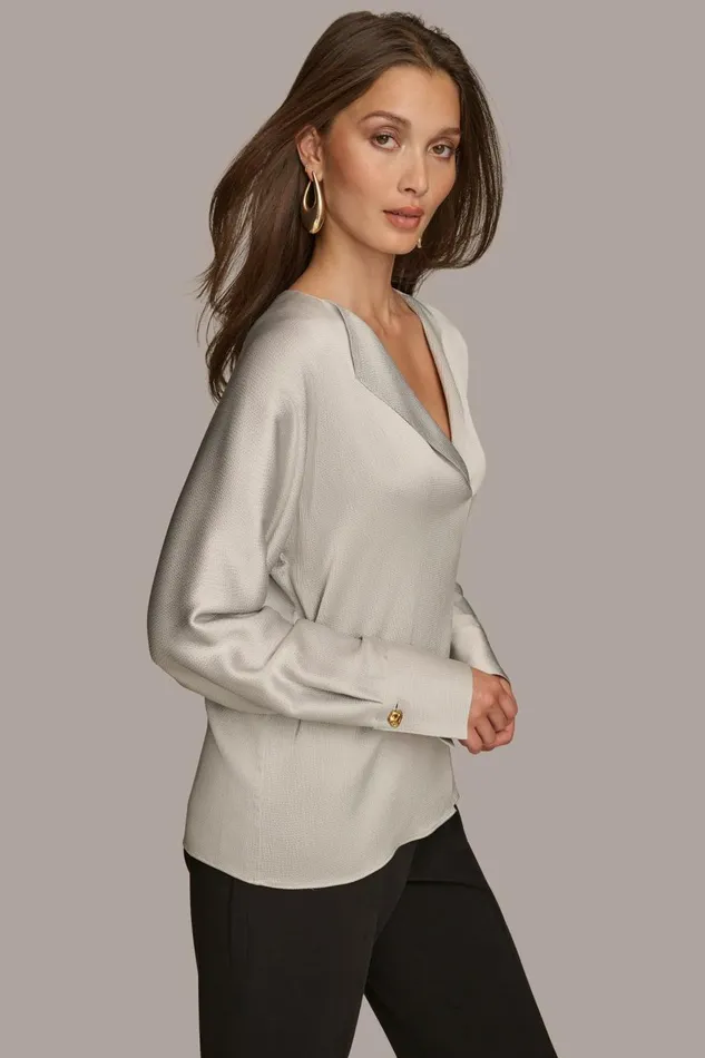 Women Donna Karan Sweaters And Tops HAMMERED SATIN LONG SLEEVE VNECK BLOUSE Pavement