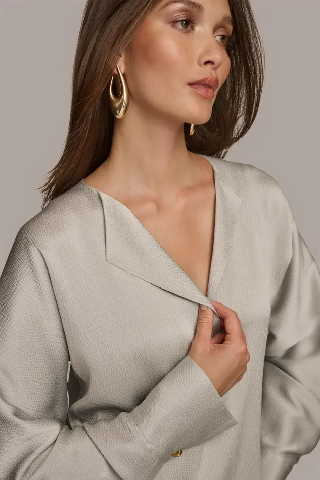 Women Donna Karan Sweaters And Tops HAMMERED SATIN LONG SLEEVE VNECK BLOUSE Pavement