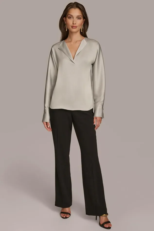Women Donna Karan Sweaters And Tops HAMMERED SATIN LONG SLEEVE VNECK BLOUSE Pavement