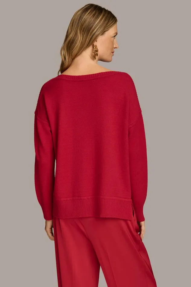 Women Donna Karan Sweaters And Tops MIXED STITCH BOATNECK SWEATER Metropolitan Red