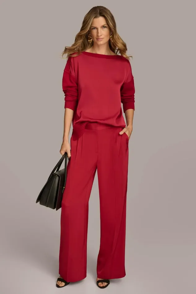 Women Donna Karan Sweaters And Tops MIXED STITCH BOATNECK SWEATER Metropolitan Red
