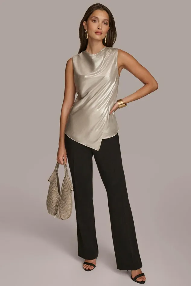 Women Donna Karan Sweaters And Tops NOVELTY SLEEVELESS DRAPE FRONT BLOUSE Silver