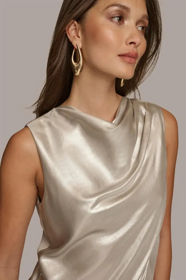Women Donna Karan Sweaters And Tops NOVELTY SLEEVELESS DRAPE FRONT BLOUSE Silver