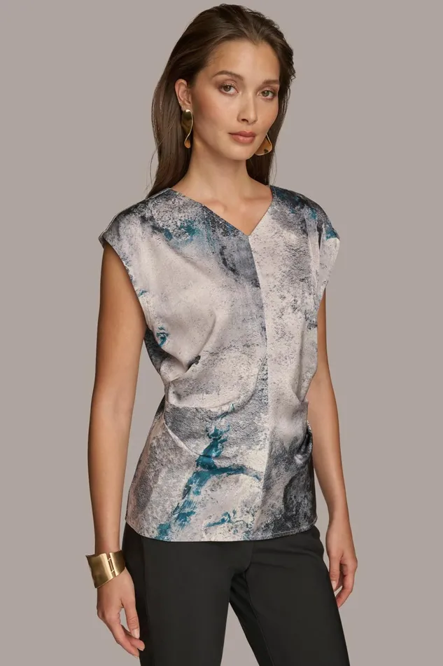 Women Donna Karan Sweaters And Tops PRINTED CAP SLEEVE WITH DARTS Peacock Blue