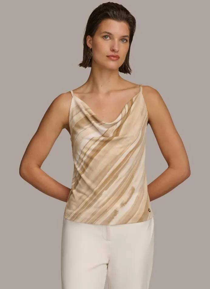 Women Donna Karan Sweaters And Tops PRINTED COWL STRAPPY CAMI Beige