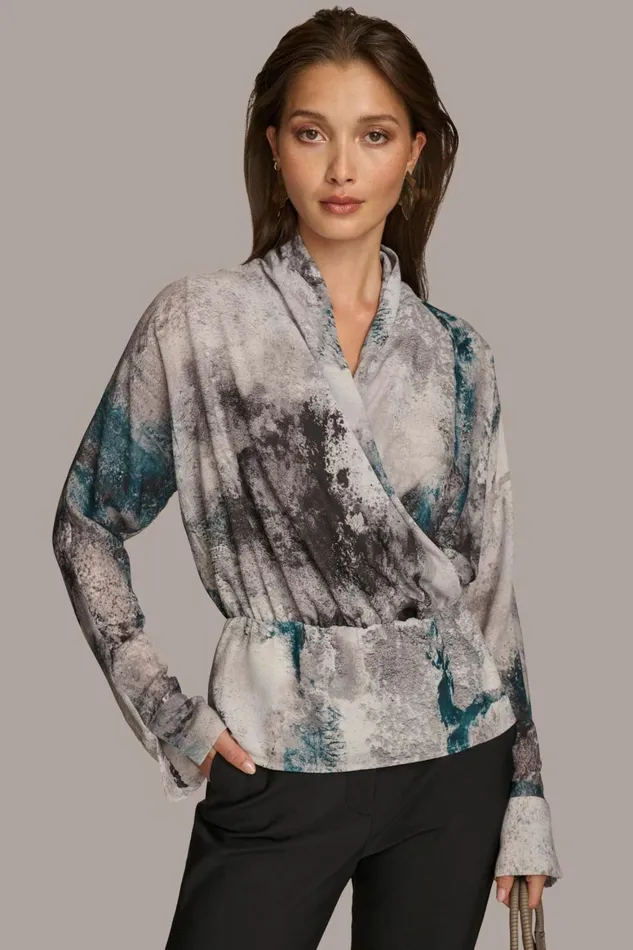 Women Donna Karan Sweaters And Tops PRINTED FAUX WRAP BLOUSE Peacock Multi
