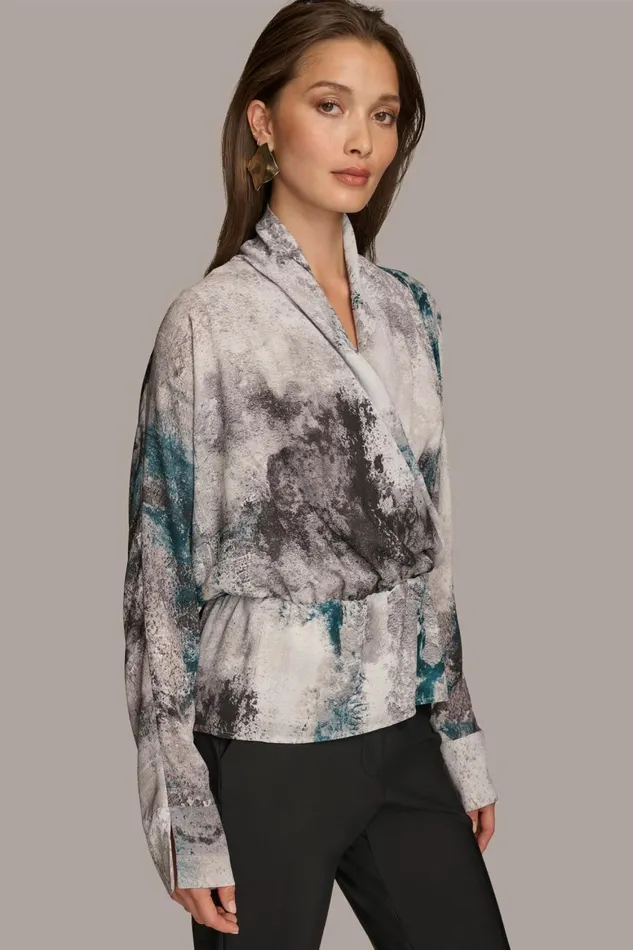 Women Donna Karan Sweaters And Tops PRINTED FAUX WRAP BLOUSE Peacock Multi