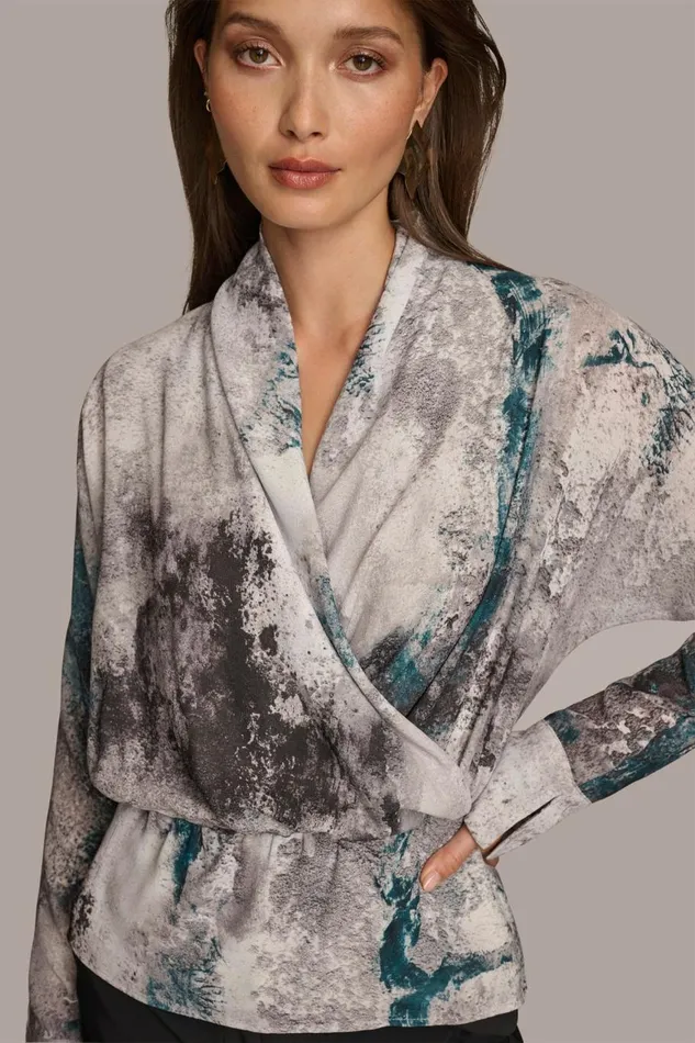 Women Donna Karan Sweaters And Tops PRINTED FAUX WRAP BLOUSE Peacock Multi
