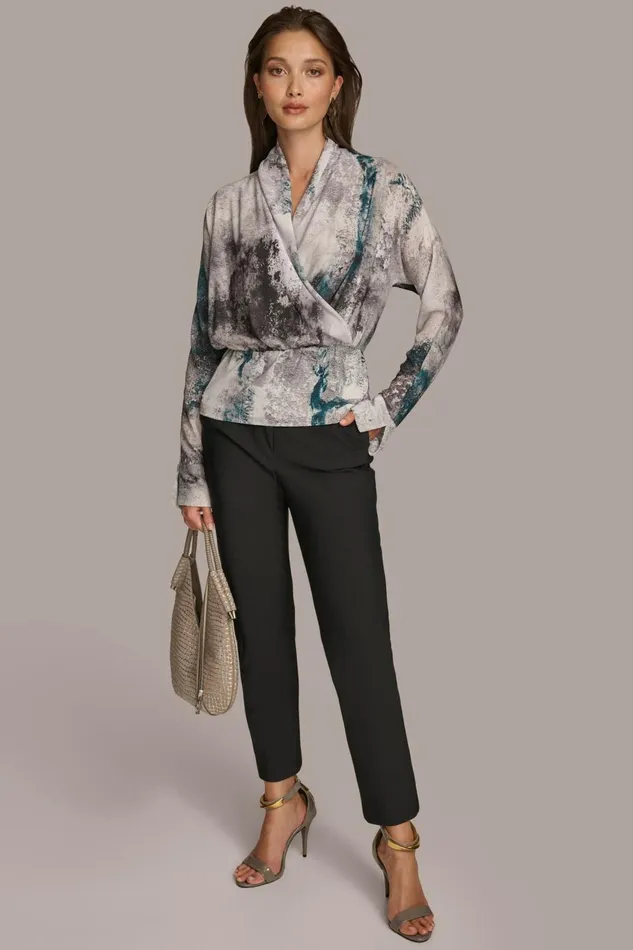 Women Donna Karan Sweaters And Tops PRINTED FAUX WRAP BLOUSE Peacock Multi