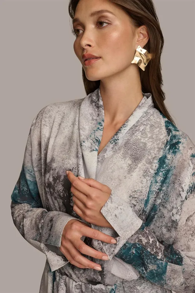 Women Donna Karan Sweaters And Tops PRINTED FAUX WRAP BLOUSE Peacock Multi
