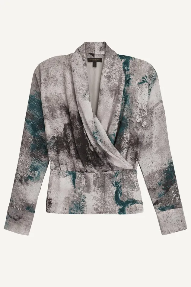 Women Donna Karan Sweaters And Tops PRINTED FAUX WRAP BLOUSE Peacock Multi