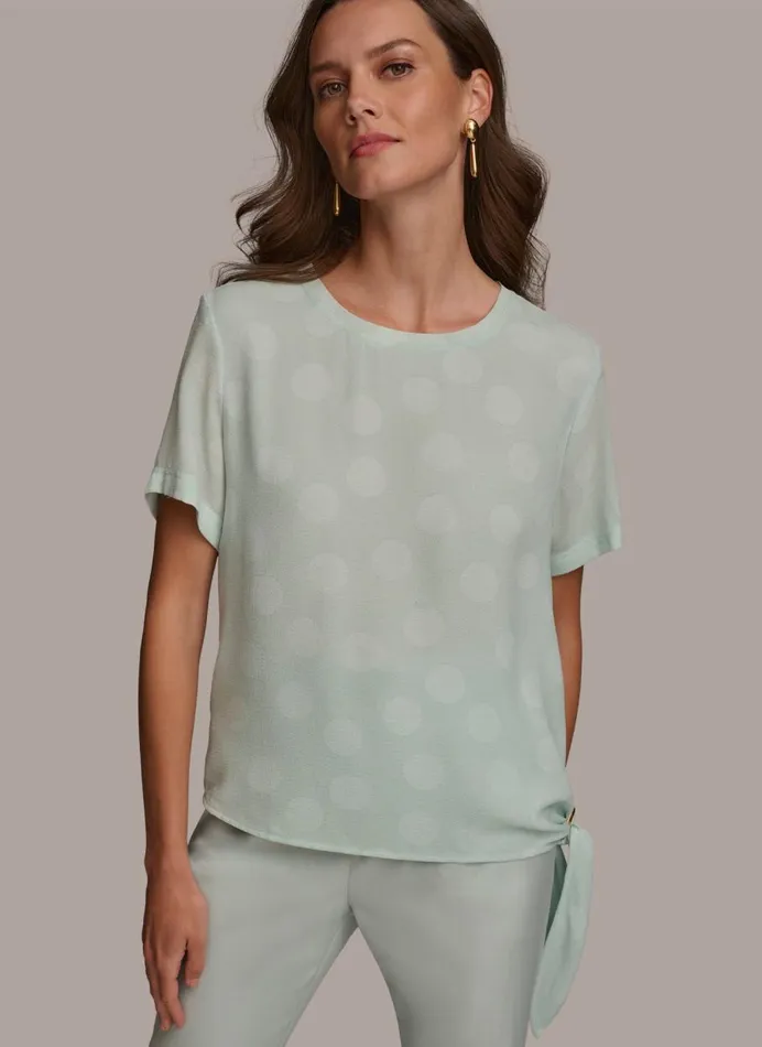 Women Donna Karan Sweaters And Tops PRINTED SIDE TIE BLOUSE Blue Frost Combo