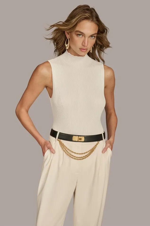 Women Donna Karan Sweaters And Tops RIB MOCK NECK BODYSUIT Ivory