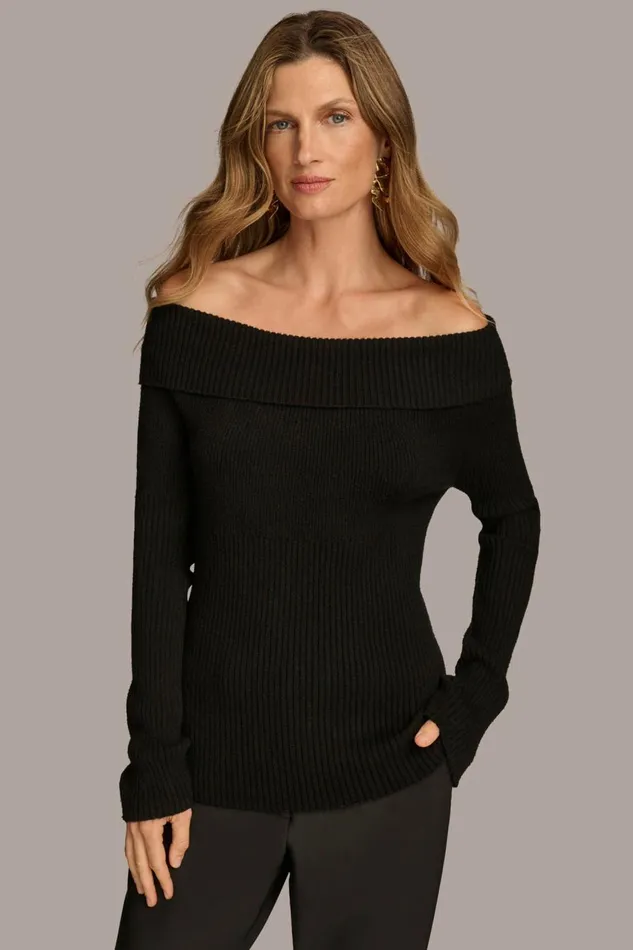 Women Donna Karan Sweaters And Tops RIBBED BOAT NECK TOP Black