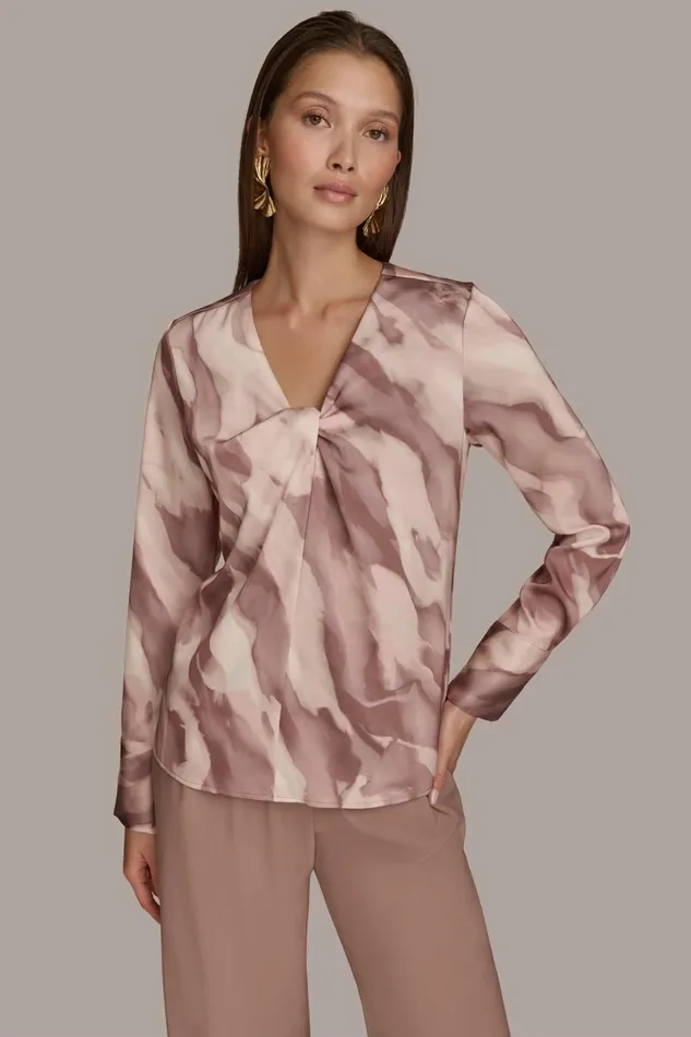 Women Donna Karan Sweaters And Tops TWIST NECK BLOUSE Mink Combo