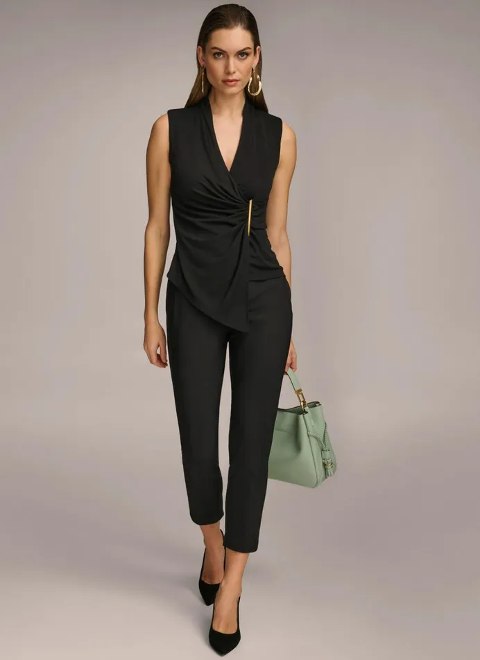 Women Donna Karan Sweaters And Tops VNECK TOP WITH HARDWARE AND RUCHED DETAIL Black